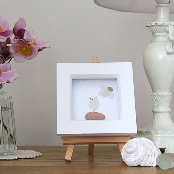 Sea Glass Daisy Art - Framed Glass Bird Picture, Thank You, Friendship Gift