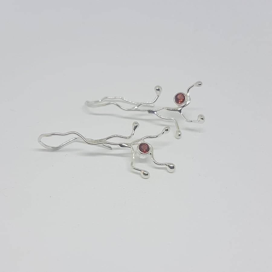 Silver and garnet twiglet earrings