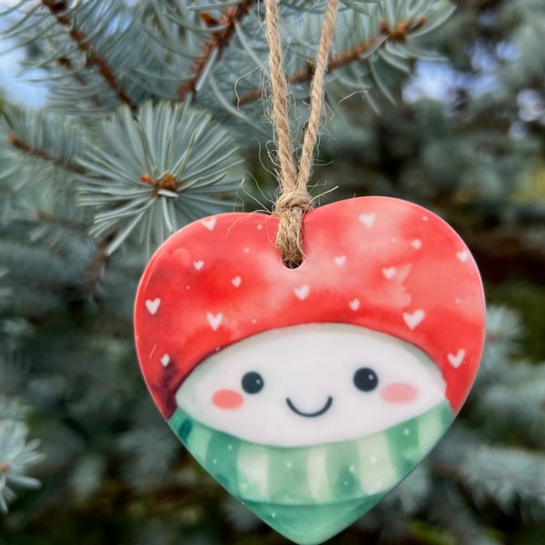Christmas Tree Handmade Decoration Ornament – Ceramic Heart – Cute Snowman Face