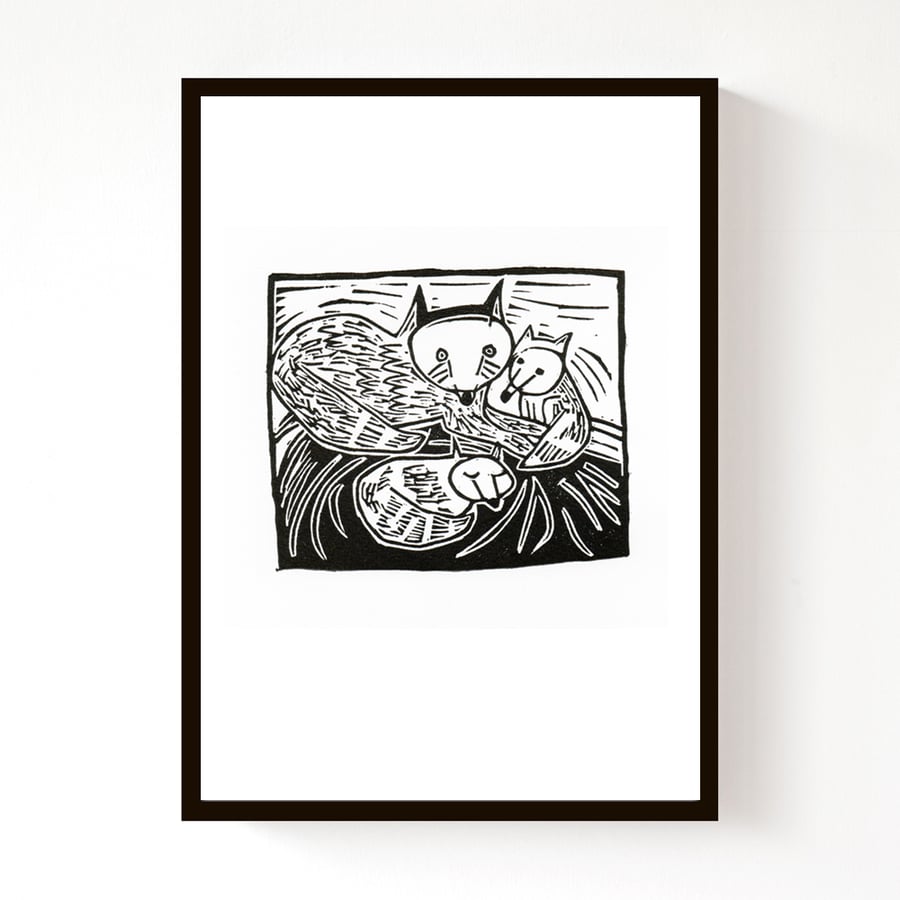Lino Print - Vixen and Cubs - fox, fox art, fox print, 