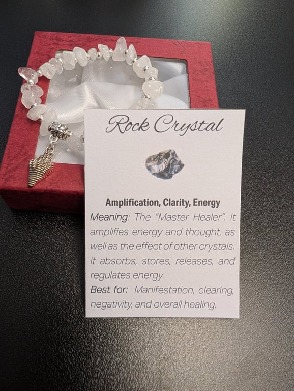 Rock Crystal Natural Gemstone Bracelet with charm and meaning card 