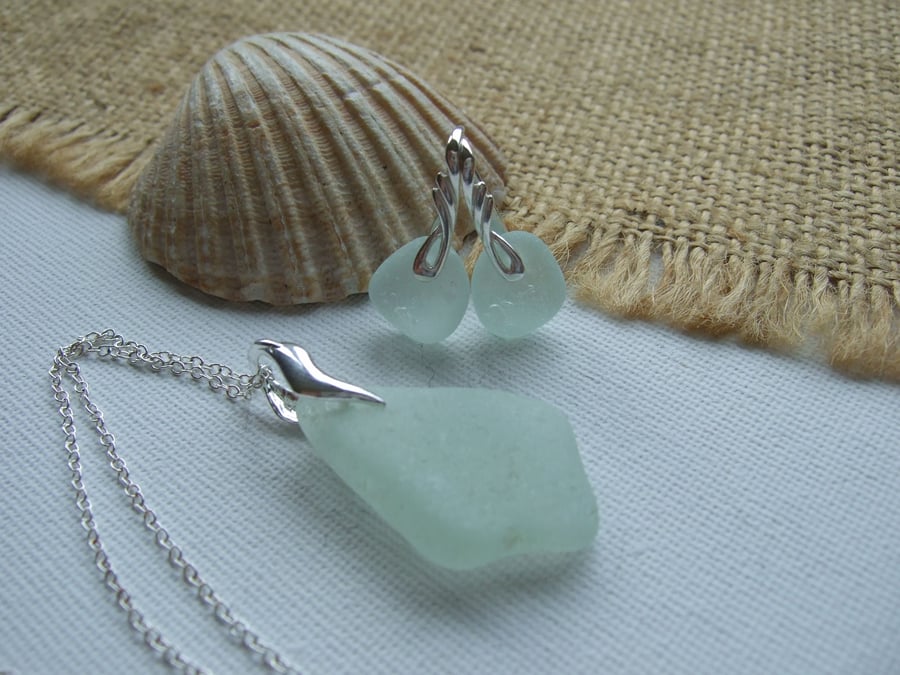 Scottish sea glass jewelry set, necklace and earrings beach glass set, sea foam 
