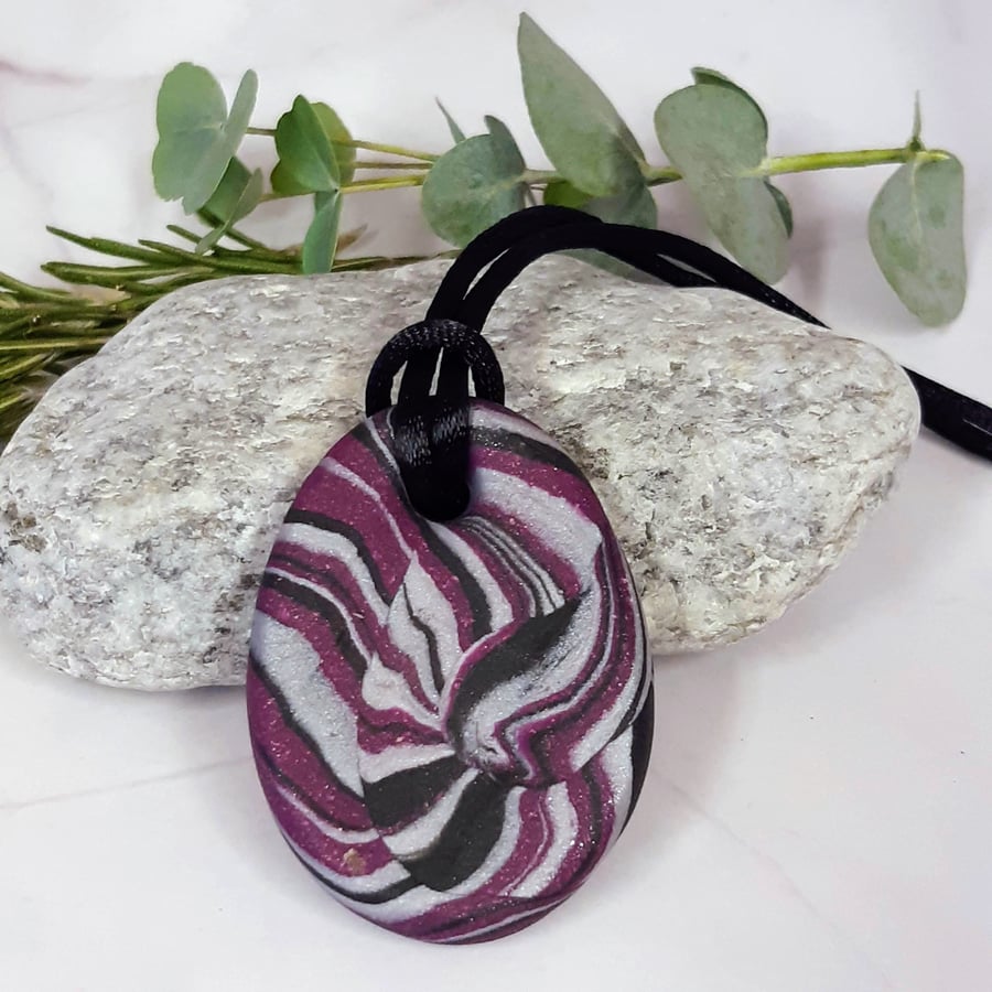 Purple, Black and Silver Round Pendant – Handmade Polymer Clay Jewellery