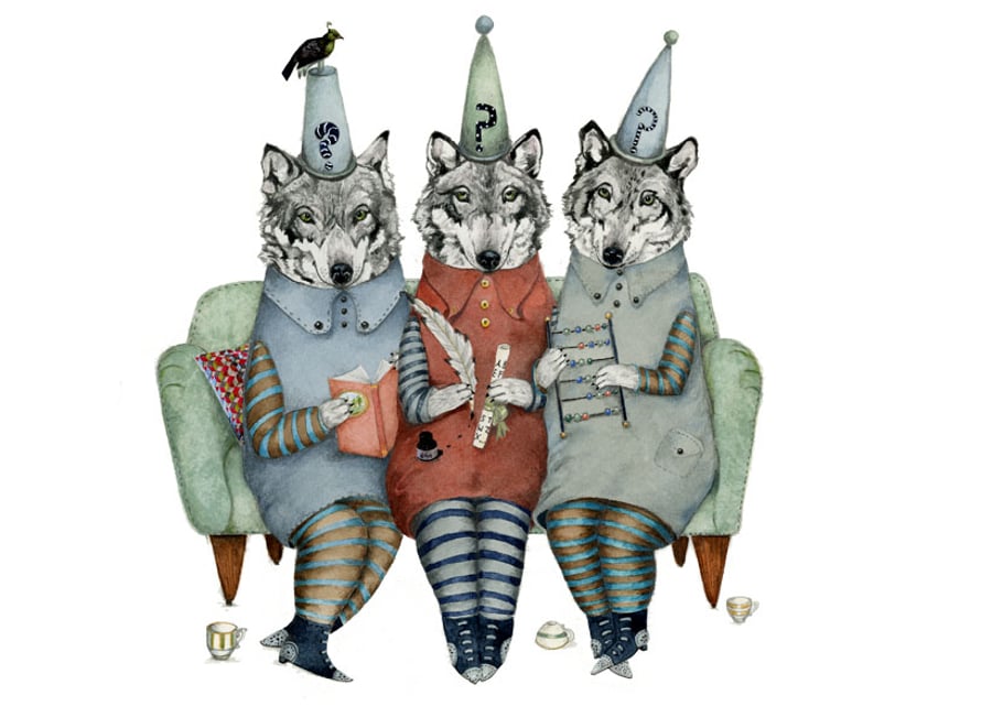 Wolf illustration Giclee print Wolves in thinking caps A4