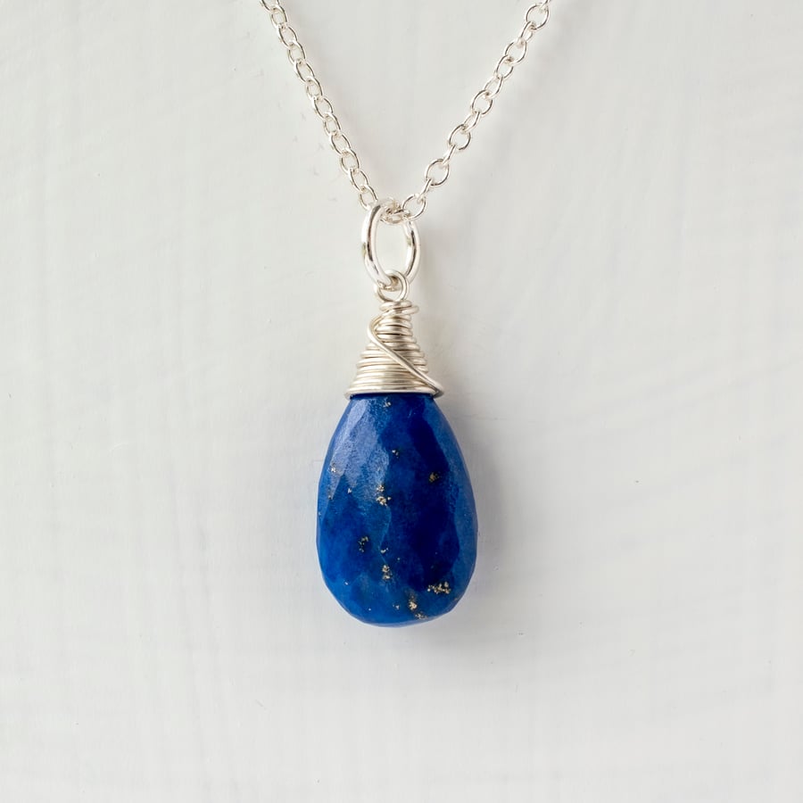 Stunning Lapis Lazuli Briolette Pendant on Sterling Silver Chain