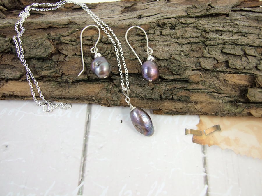 Necklace and Earring Set, Sterling Silver and Coffee Colour Pearls