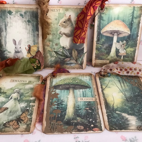 SET 6 Woodland Forest Animal Journal Cards Tags Toppers Fairy Rabbit Vintage
