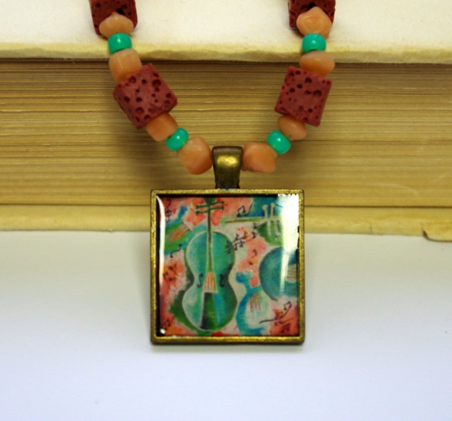 Pink and Turquoise Pendant Necklace with Violin Art Print 