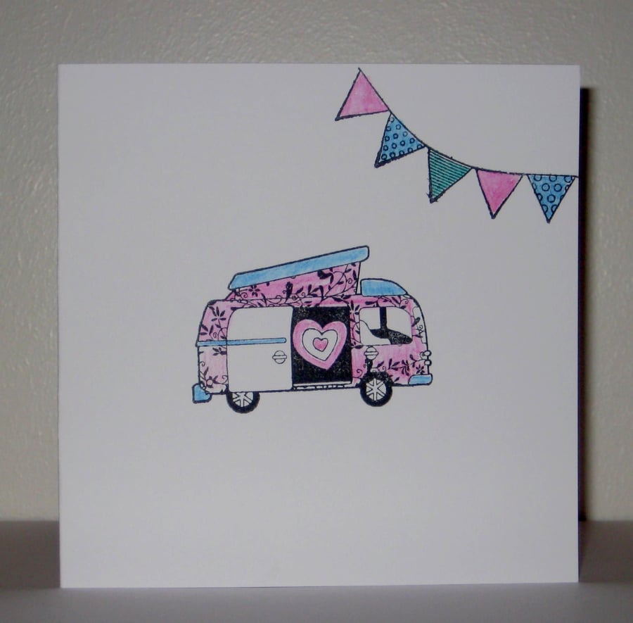 Camper Van and Bunting Blank Greetings Card