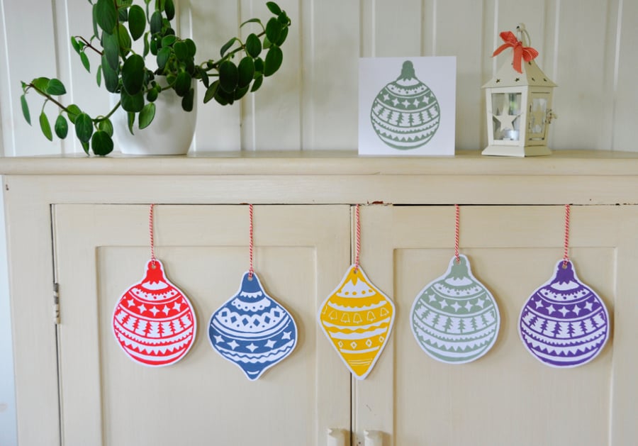 Handmade Lino Printed Hanging Christmas Bauble (Card or Decoration)