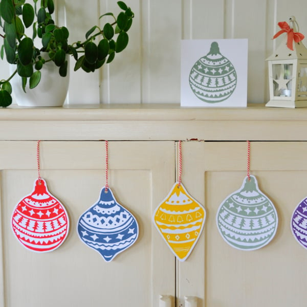 Handmade Lino Printed Hanging Christmas Bauble (Card or Decoration)