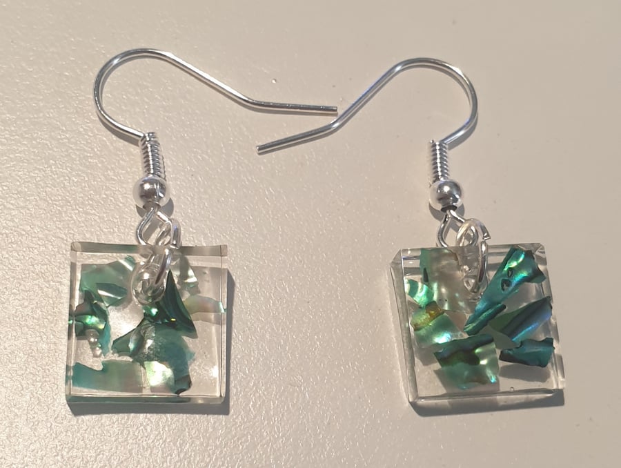 Square green mother of pearl resin earrings