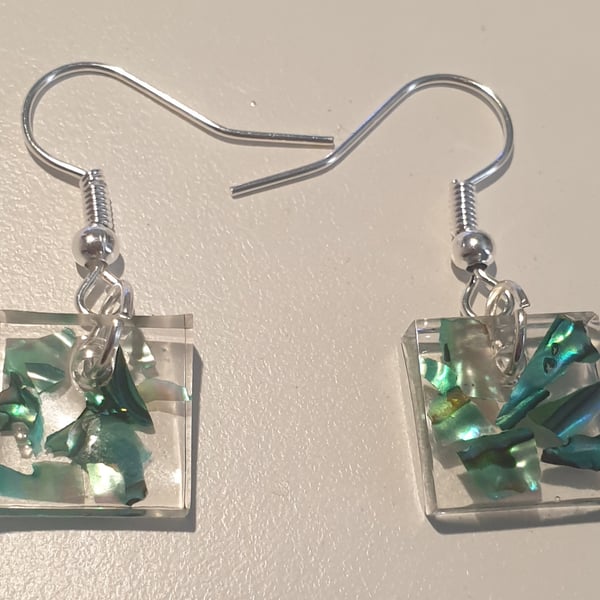 Square green mother of pearl resin earrings