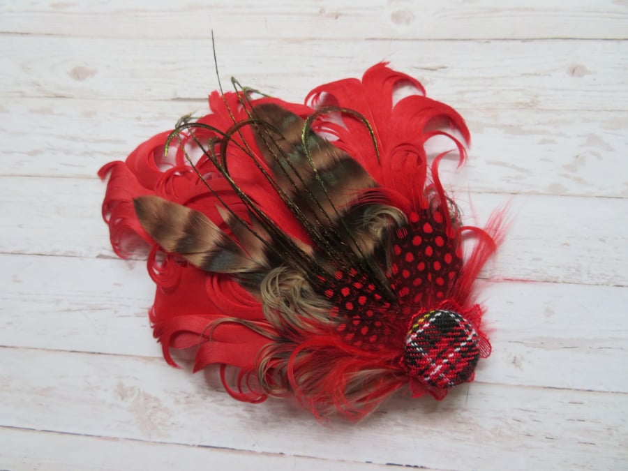 Red & Brown Feather Tartan Mini Hat or Hair Clip Fascinator