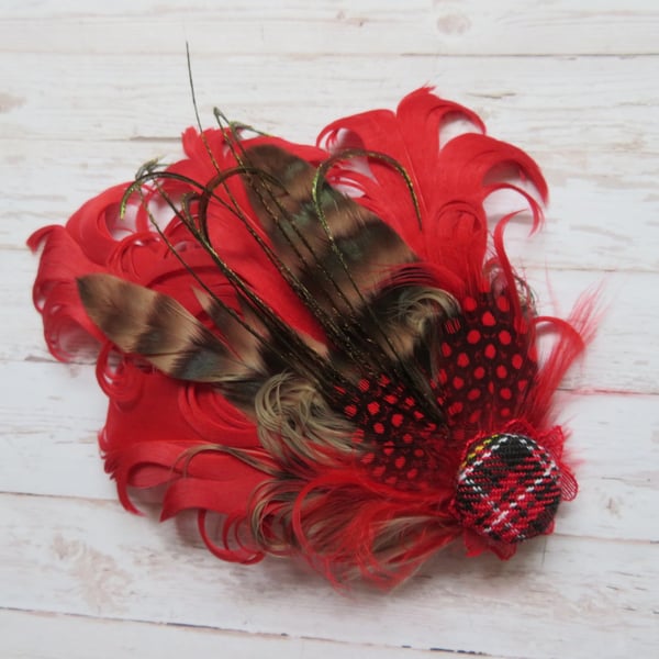 Red & Brown Feather Tartan Mini Hat or Hair Clip Fascinator