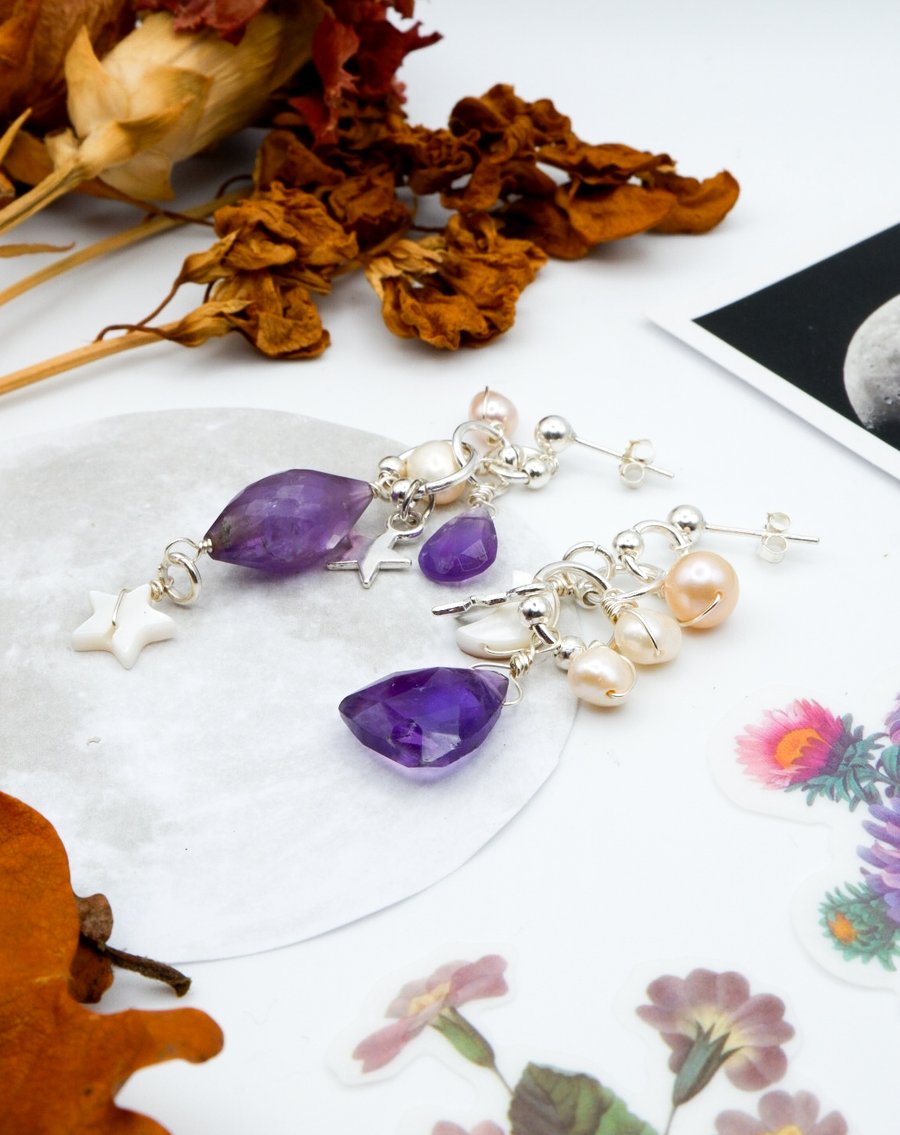 Sterling Silver Freshwater Pearl & Amethyst Gemstone Celestial Confetti Earrings