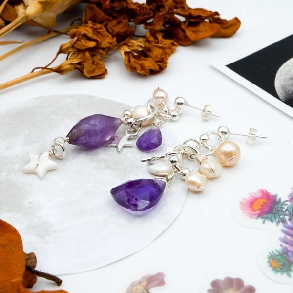 Sterling Silver Freshwater Pearl & Amethyst Gemstone Celestial Confetti Earrings