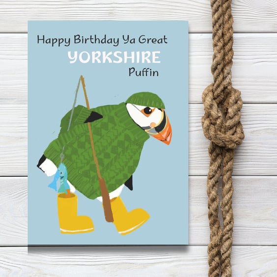 Greeting card male relative friend- cute puffin card illustration