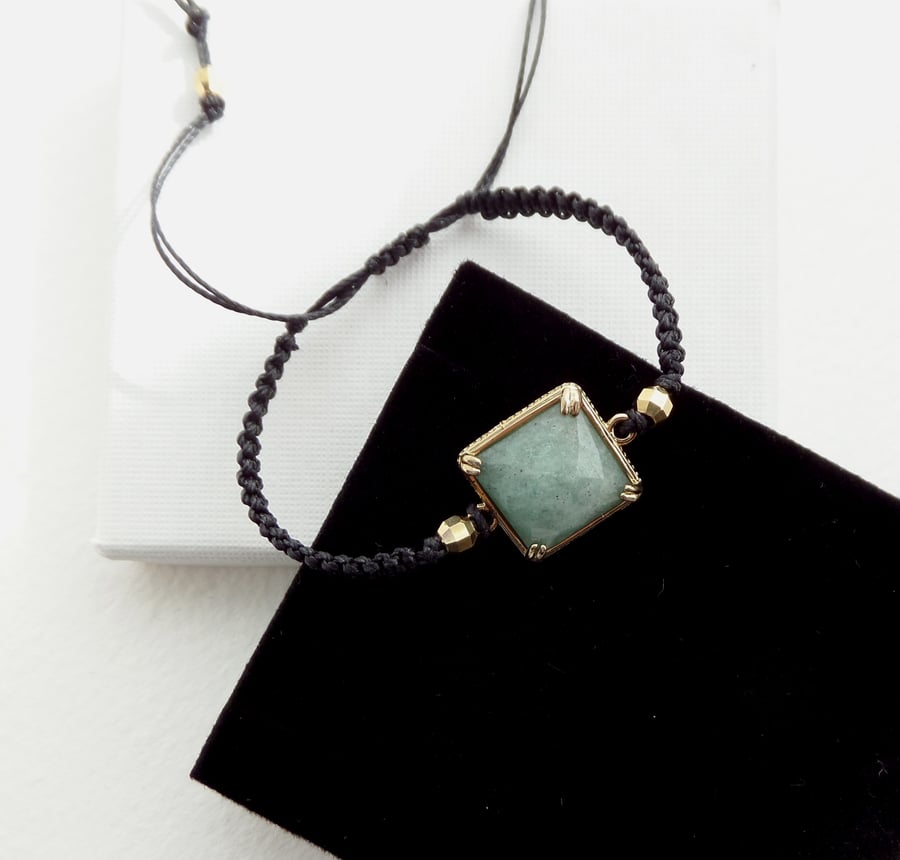 Amazonite Green Semi Precious, Antique Gold, Adjustable Bracelet
