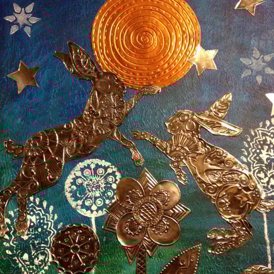 Boxing hares original wall art.