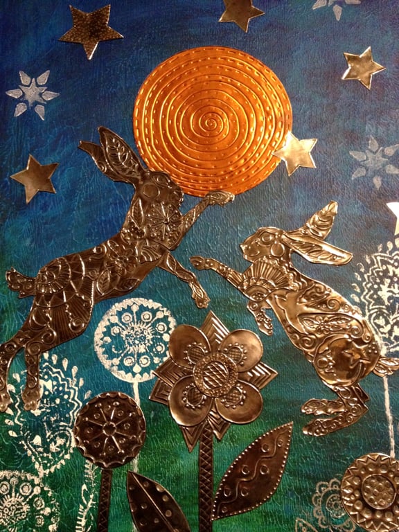 Boxing hares original wall art.