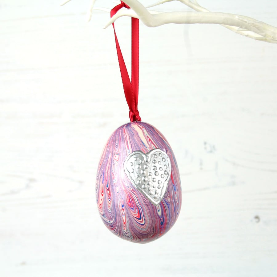 Egg marbled ceramic pottery hanging decoration red blue silver seconds sunday