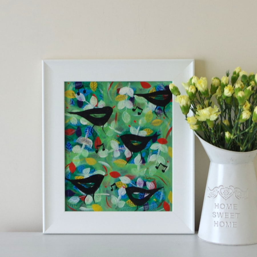 Sale - Green Naive Art with Blackbirds and Free White Frame