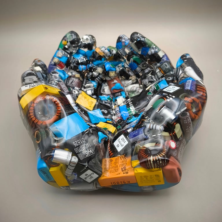 Resin Hands Bowl Filled with hundreds of electrical components