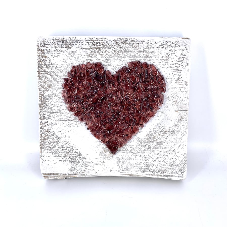 Pink Crushed Glass Heart on Reclaimed Wood
