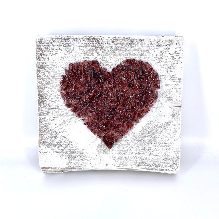 Pink Crushed Glass Heart on Reclaimed Wood