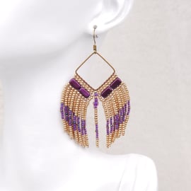 Beaded fringe earrings in purple and gold, Elegant beaded dangle earrings