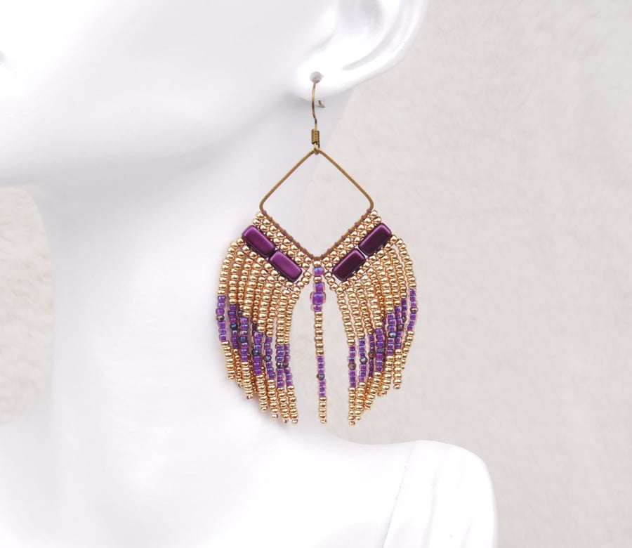 Beaded fringe earrings in purple and gold, Elegant beaded dangle earrings