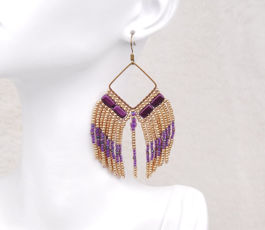 Fringe earrings in purple and gold, Elegant beaded dangle earrings, Pierced ears