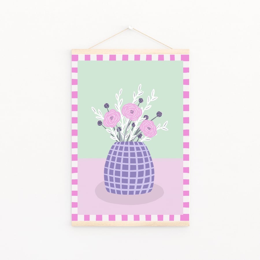 A4 Pastel flower vase gingham art print Folksy