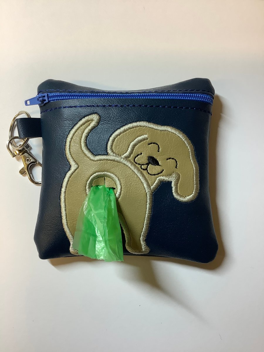 Embroidered Labrador Blue  faux leather dog poo bag ,dog walking,