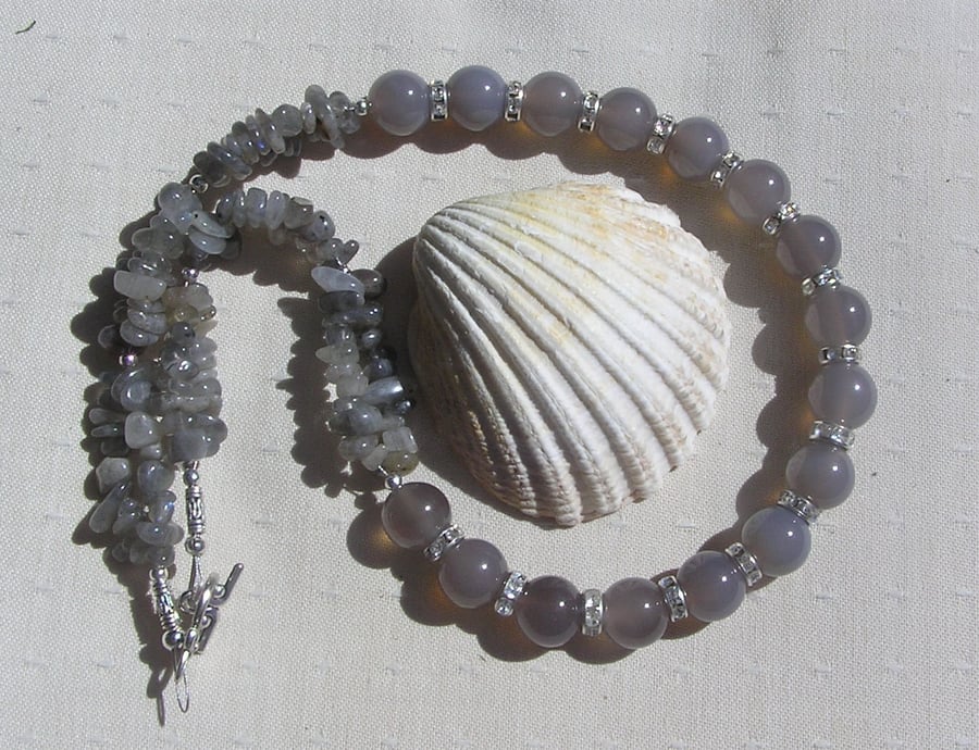Grey Agate & Labradorite Crystal Gemstone Gothic Statement Necklace "Arabel"