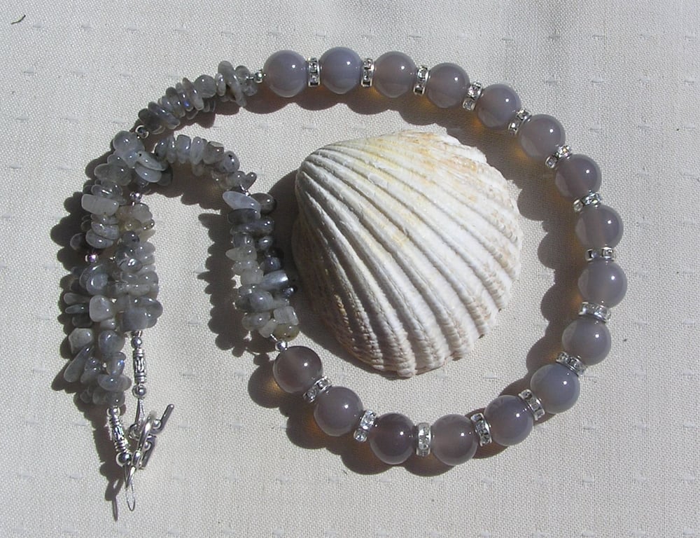 Grey Agate & Labradorite Crystal Gemstone Gothic Statement Necklace "Arabel"