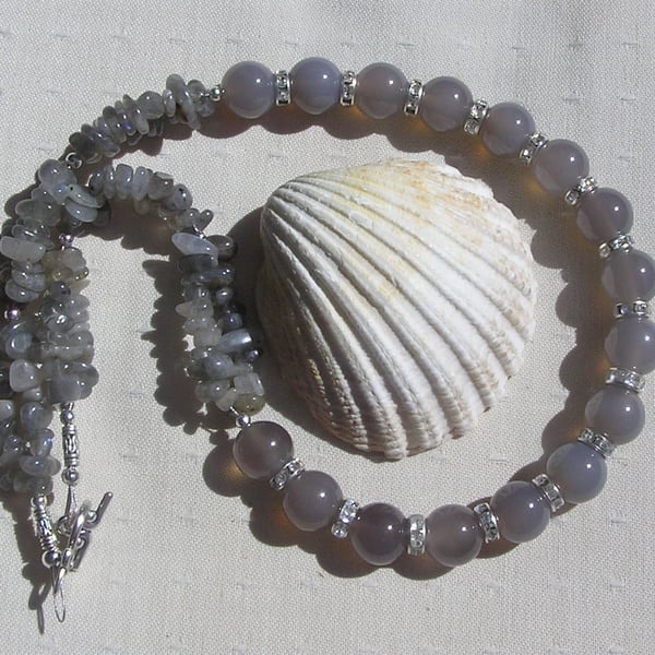 Grey Agate & Labradorite Crystal Gemstone Gothic Statement Necklace "Arabel"