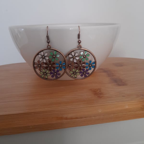 ANTIQUE COPPER AND MULTI COLOURED DANGLE EARRINGS.