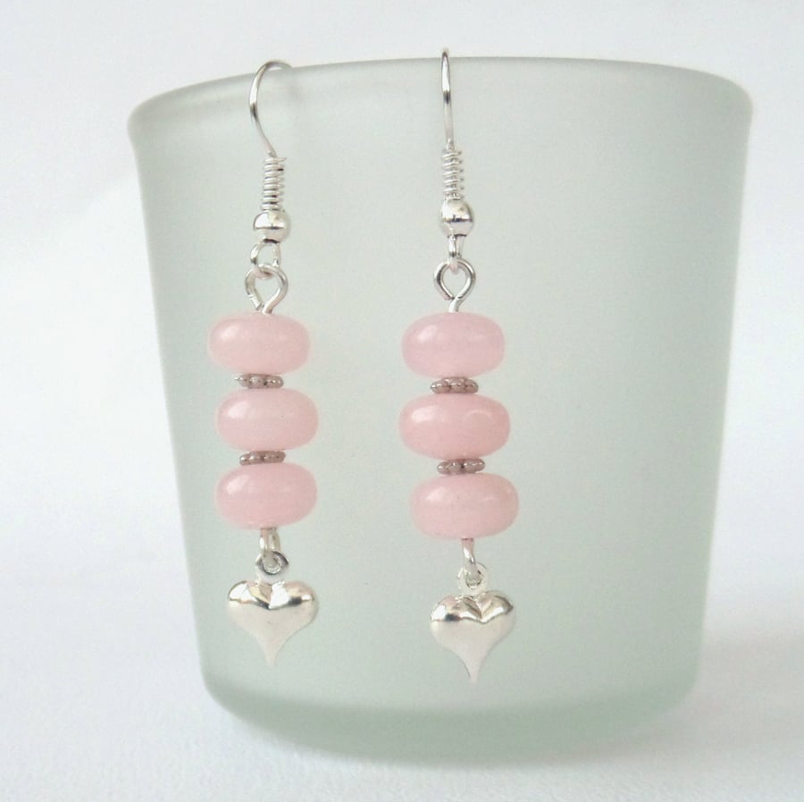 Rose quartz earrings, with dainty heart charm