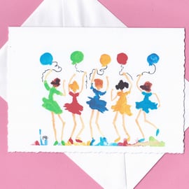 Card for girls. Dancing girls with balloons 