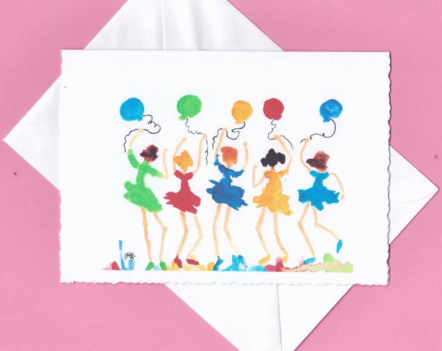 Card for girls. Dancing girls with balloons 
