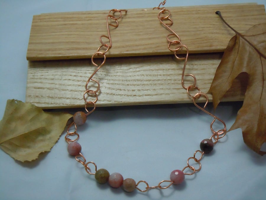 Copper wirework necklace with Rhodonite beads