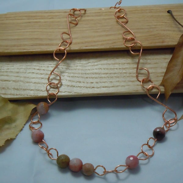 Copper wirework necklace with Rhodonite beads