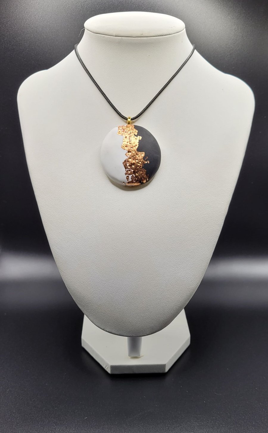 Black and white circular polymer clay pendant with gold leaf handmade statement 