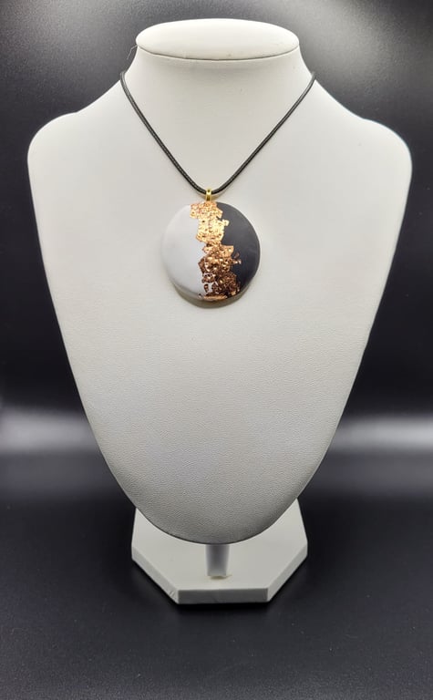 Black and white circular polymer clay pendant with gold leaf handmade statement 