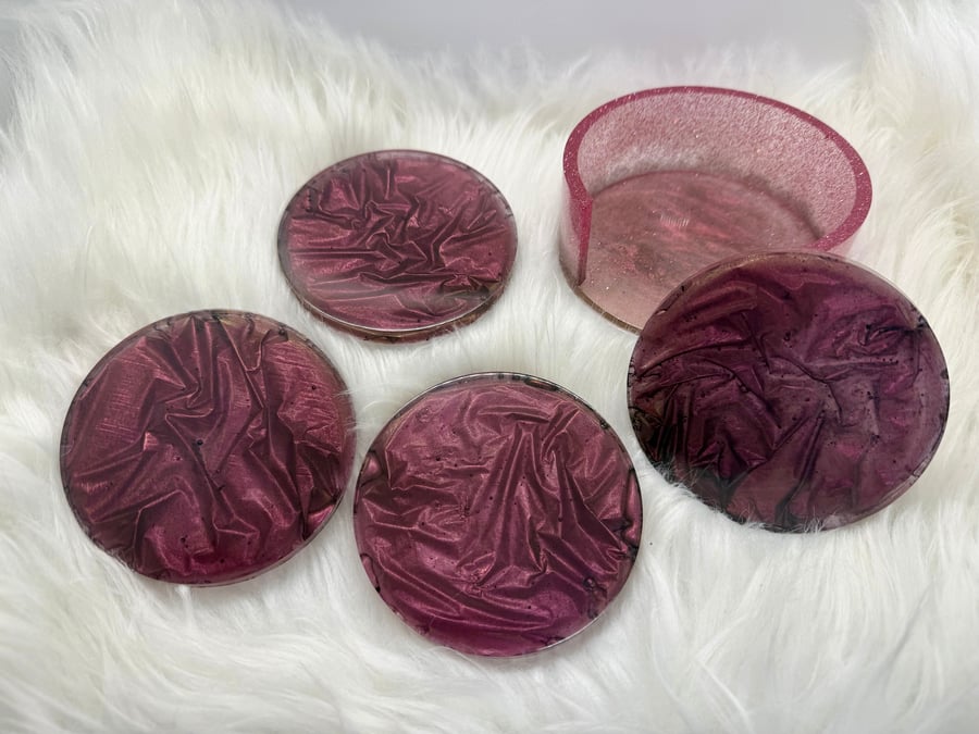 Velvet effect resin coaster set with matching holder
