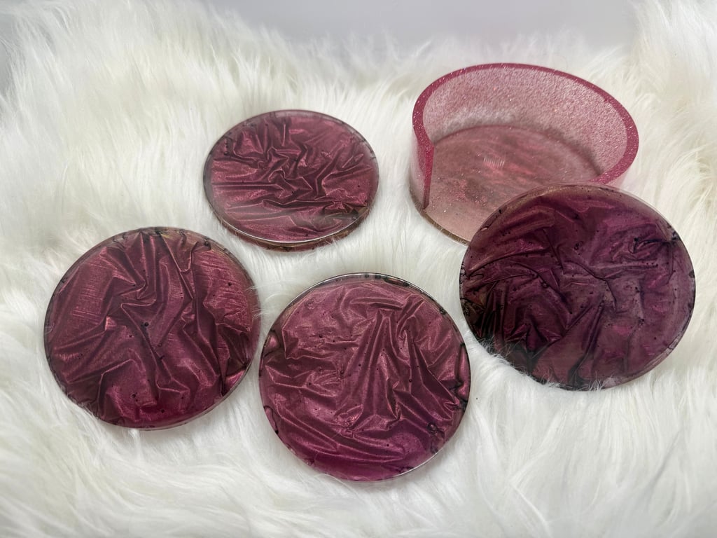 Velvet effect resin coaster set with matching holder