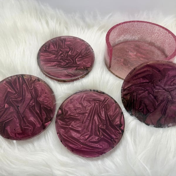 Velvet effect resin coaster set with matching holder
