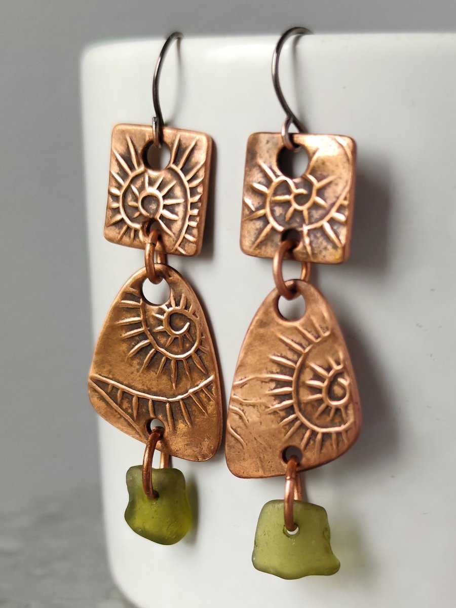 Copper and seaglass double drop earrings, unique earrings, recycled material